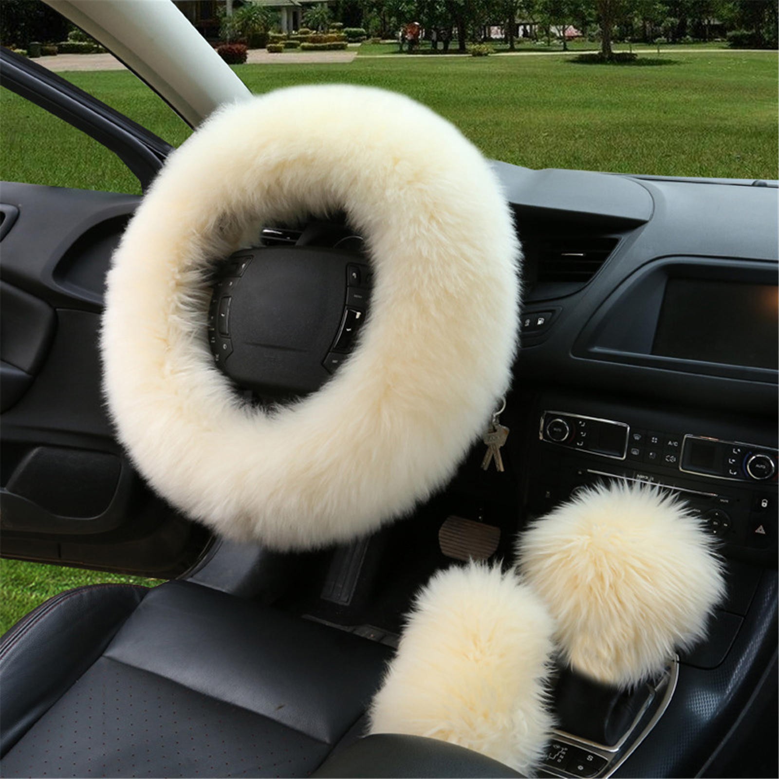 LPSSTORE Soft Warm Fuzzy Steering Wheel Cover Long Plush Handbrake Car Accessory(Beige)